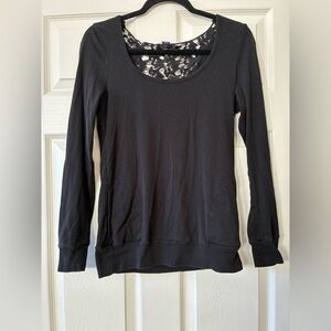 Vintage Black Lace-Back Long Sleeve Women's Top